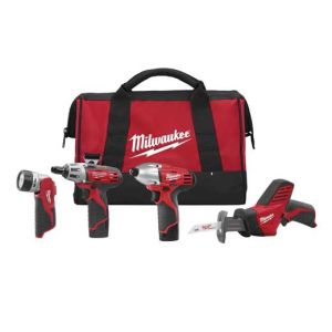 Milwaukee 2491-24 M12 12V 4-Tool Combo Kit with Hackzall, Impact Driver, Screwdriver & Work Light